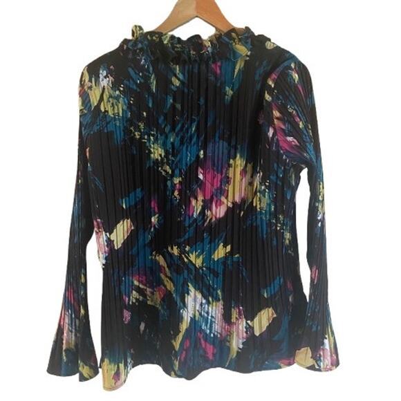 Ruffle Neck Abstract Print Long Sleeve Pintuck Blouse Top Boho Kensie Girl - Picture 2 of 10